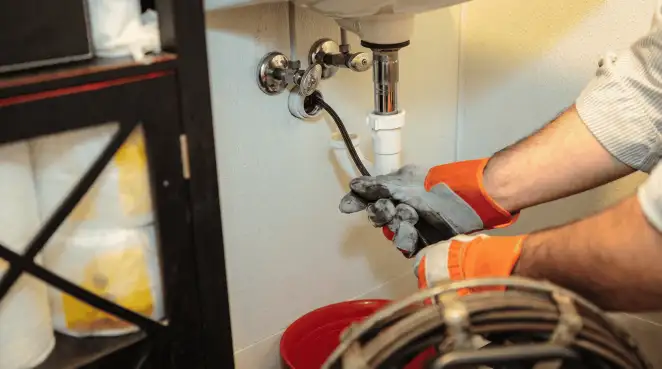 Drain cleaning technician using a motorized plumbing snake to clear a clogged sink pipe in Pasadena, CA